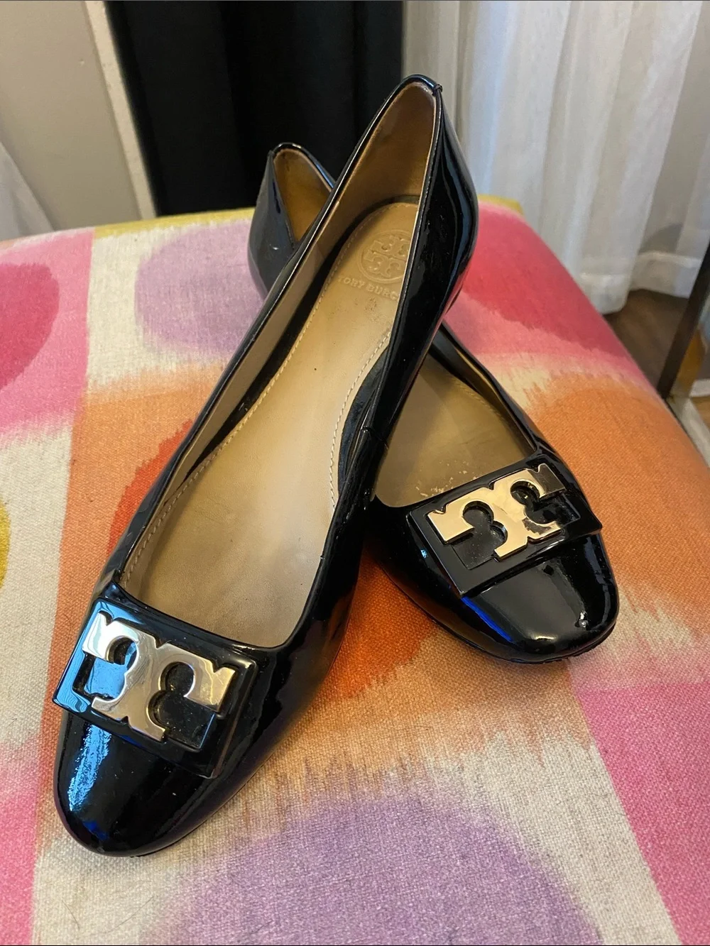 Tory Burch Black Patent Leather Ballet Flats with Gold Logo